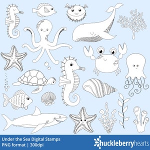 Under the Sea Clipart, Ocean Clipart, Fish Clipart, Seahorse Clipart, Black and White, Digital Stamps, Printable, Commercial Use