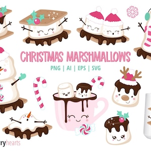 May include: A set of 10 Christmas-themed marshmallow illustrations. The illustrations feature marshmallows in various shapes, including a snowman, a reindeer, and a mug of hot chocolate. The marshmallows are decorated with festive details, such as Santa hats, candy canes, and holly.
