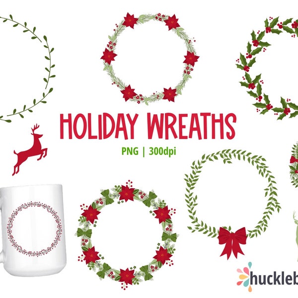 Christmas Wreaths Clipart, Christmas Clipart, Digital Wreaths, Wreath Clipart, Wreath Graphics, Printable, Commercial Use, #CP676