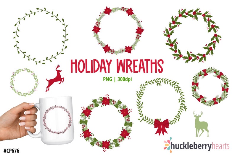 Christmas Wreaths Clipart, Christmas Clipart, Digital Wreaths, Wreath Clipart, Wreath Graphics, Printable, Commercial Use, CP676 image 1