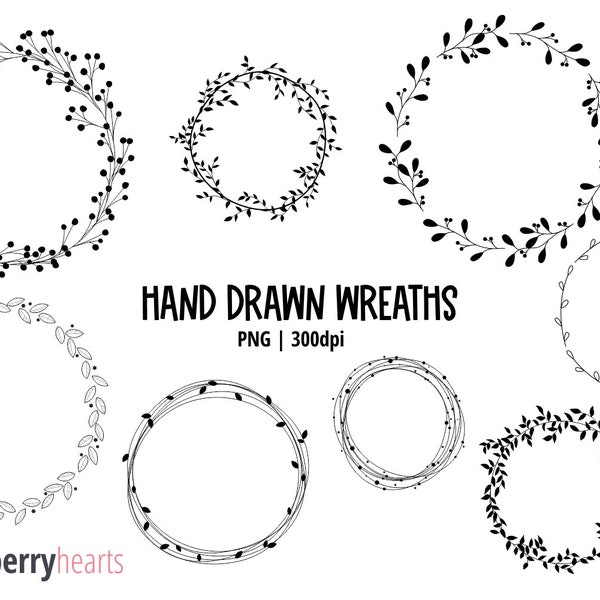 Wreath Clipart, Hand Drawn, Digital Wreaths, Wedding Clipart, Floral, Leaves, Printable, Commercial Use, #CP684