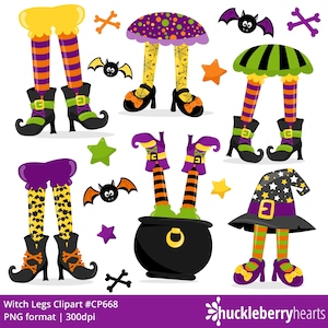 May include: Set of 6 witch legs clipart illustrations in various poses. The legs are yellow, orange, and purple with black and white striped stockings. The legs are wearing black shoes with green buckles. Some of the legs are wearing hats, including a purple witch hat with stars and a green striped hat. The legs are also holding a cauldron and a broom.