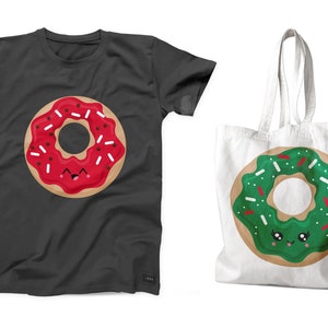 May include: Two cute donut designs, one red with white sprinkles and one green with red sprinkles, on a black t-shirt and a white tote bag.