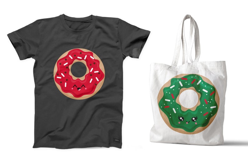 May include: Two cute donut designs, one red with white sprinkles and one green with red sprinkles, on a black t-shirt and a white tote bag.