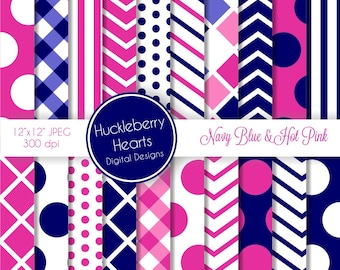 Carta per scrapbooking digitale con motivi blu navy e rosa shocking, sfondi digitali, stampe fai da te