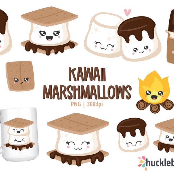 Cute Smores Clipart, Marshmallow SVG, Kawaii Marshmallows PNG, Printable, Small Commercial Use