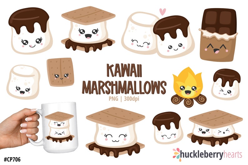 Cute Smores Clipart, Marshmallow SVG, Kawaii Marshmallows PNG, Printable, Small Commercial Use image 1