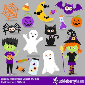 May include: A set of Halloween clip art featuring a variety of characters and objects, including a spider, a ghost, a witch, a black cat, a pumpkin, a bat, a cauldron, a candy corn, a moon, a potion bottle, a jar of eyeballs, and candy. The clip art is in a cartoon style and is perfect for use in Halloween crafts, decorations, and invitations.