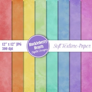 May include: A set of 8 digital paper textures in a rainbow gradient of colors. The colors are red, orange, yellow, green, blue, indigo, violet, and pink. The textures are soft and subtle, with a slight watercolor effect. The papers are 12 inches by 12 inches and 300 dpi. The text "Huckleberry Hearts Digital Designs" and "Soft Texture Paper" is included in the image.
