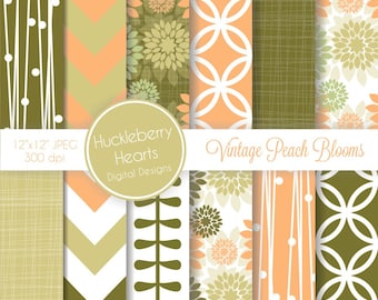 Vintage Peach Blooms Digital Scrapbook Paper or Background with Peach, Mint and Olive Green