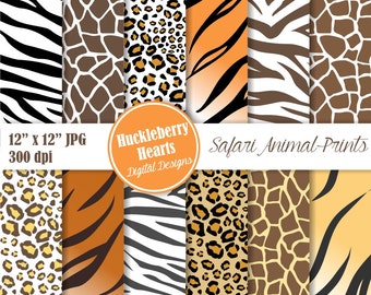 Safari Animal Prints Digital Paper, Zebra, Leopard, Cheetah, Tiger, Giraffe, Scrapbook Paper, Backgrounds