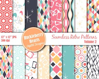 May include: A set of 12 digital paper patterns in a retro style. The patterns feature geometric shapes in shades of pink, blue, yellow, and white. The patterns are seamless and can be used for a variety of projects, such as scrapbooking, card making, and digital design. The text "Huckleberry Hearts Digital Designs" and "Seamless Retro Patterns Volume 2" is included in the image.