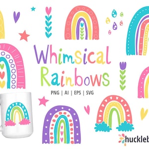 Peut inclure: Plusieurs motifs d'arcs-en-ciel fantaisistes et color&eacute;s, avec des c&oelig;urs, des &eacute;toiles et des &eacute;l&eacute;ments floraux. Le texte "Whimsical Rainbows" est affich&eacute; dans une police ludique. Une tasse blanche avec un motif arc-en-ciel est tenue dans une main.