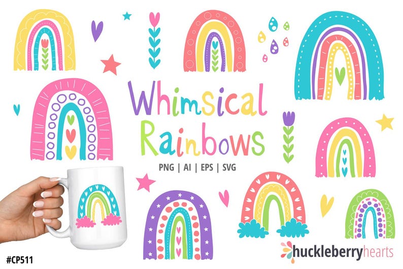 Peut inclure: Plusieurs motifs d'arcs-en-ciel fantaisistes et color&eacute;s, avec des c&oelig;urs, des &eacute;toiles et des &eacute;l&eacute;ments floraux. Le texte "Whimsical Rainbows" est affich&eacute; dans une police ludique. Une tasse blanche avec un motif arc-en-ciel est tenue dans une main.