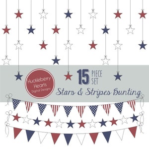 May include: A set of 15 red, white, and blue bunting flags with stars and stripes. The bunting is perfect for a patriotic celebration. The text "Huckleberry Hearts Digital Designs" and "15 Piece Set Stars & Stripes Bunting" is included in the image.