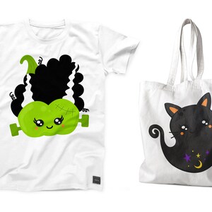 May include: A white t-shirt with a green monster with black hair and a white tote bag with a black cat with stars and a crescent moon.