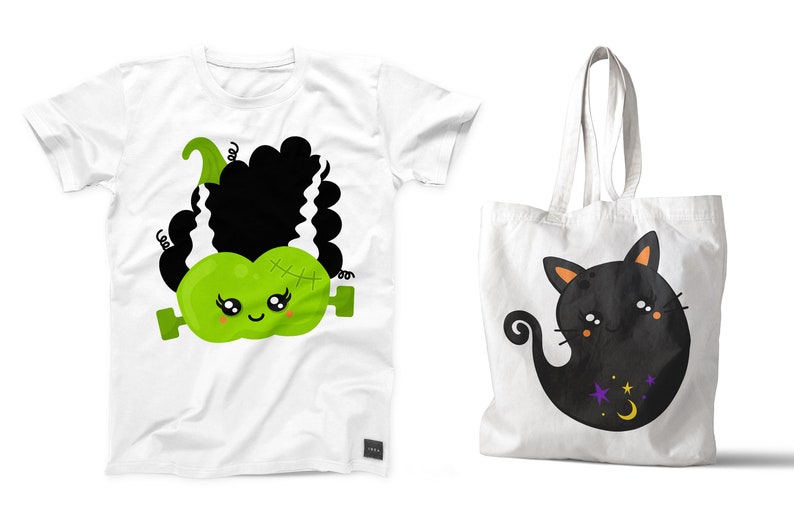 May include: A white t-shirt with a green monster with black hair and a white tote bag with a black cat with stars and a crescent moon.