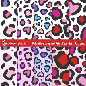 Könnte beinhalten: Valentinstag Leopard Print nahtlose Muster. Die Muster zeigen Leopardenflecken und Herzformen in Rosa, Rot, Schwarz und Blau auf weißem oder hellrosa Hintergrund. Der Text "huckleberryhearts" und "Valentine Leopard Print Seamless Patterns" ist sichtbar.
