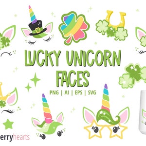 St Patricks Day Unicorn Clipart, St Patricks Day Unicorn Faces, Unicorn Faces svg, Printable, SVG, Commercial Use, #CP814