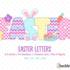 May include: Colorful Easter letters with a bunny, flowers, and eggs. The letters are in a variety of patterns, including gingham, chevron, and polka dots. The letters are in a pastel color scheme, with pink, blue, yellow, and purple. The letters are perfect for crafting, scrapbooking, or decorating.