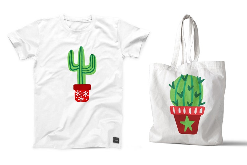 May include: Two white tote bags with a green cactus design. One bag is a t-shirt and the other is a tote bag. Both bags feature a red pot with white snowflakes and a red pot with white stripes and a star.