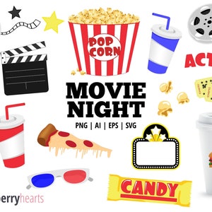 Film Clipart, Filmnacht Clip Art, Popcorn Clipart, Clipart Kino, Filmnacht SVG, druckbar, kommerzielle Nutzung