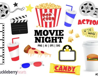 Movie Clipart, Movie Night Clip Art, Popcorn Clipart, Movie Theatre Clipart, Movie Night SVG, Printable, Commercial Use