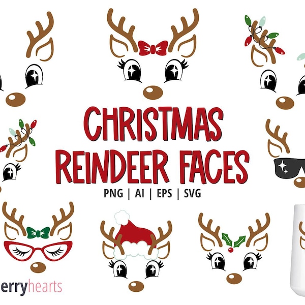 Christmas Reindeer Faces SVG, Reindeer Faces Clipart, Printable Reindeer, Reindeer SVG, Commercial Use