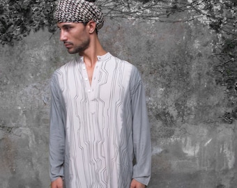 Men's Kaftan, Men's Grey Caftan Shirt, Men’s Buttoned up Long Sleeves Kaftan, Buttoned Caftan, Lounge-wear, Festival Wear, Boho Men's Wear