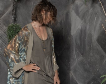 Printed Men's Kimono Cardigan , Long-Sleeve Kaftan, Boho Style, Wrap Robe Tribal Ethnic Fashion for Burning Man Coachella or Festival Outfit