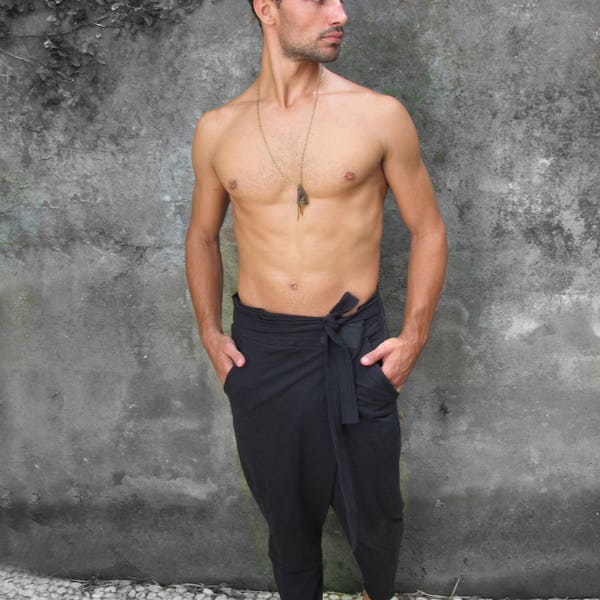 Black Men's Cotton Drop Crotch Pants, Boho Style, Street Wear, Tribal Ethnic Fashion for Burning Man, Coachella, or Festival Outfit, Travel