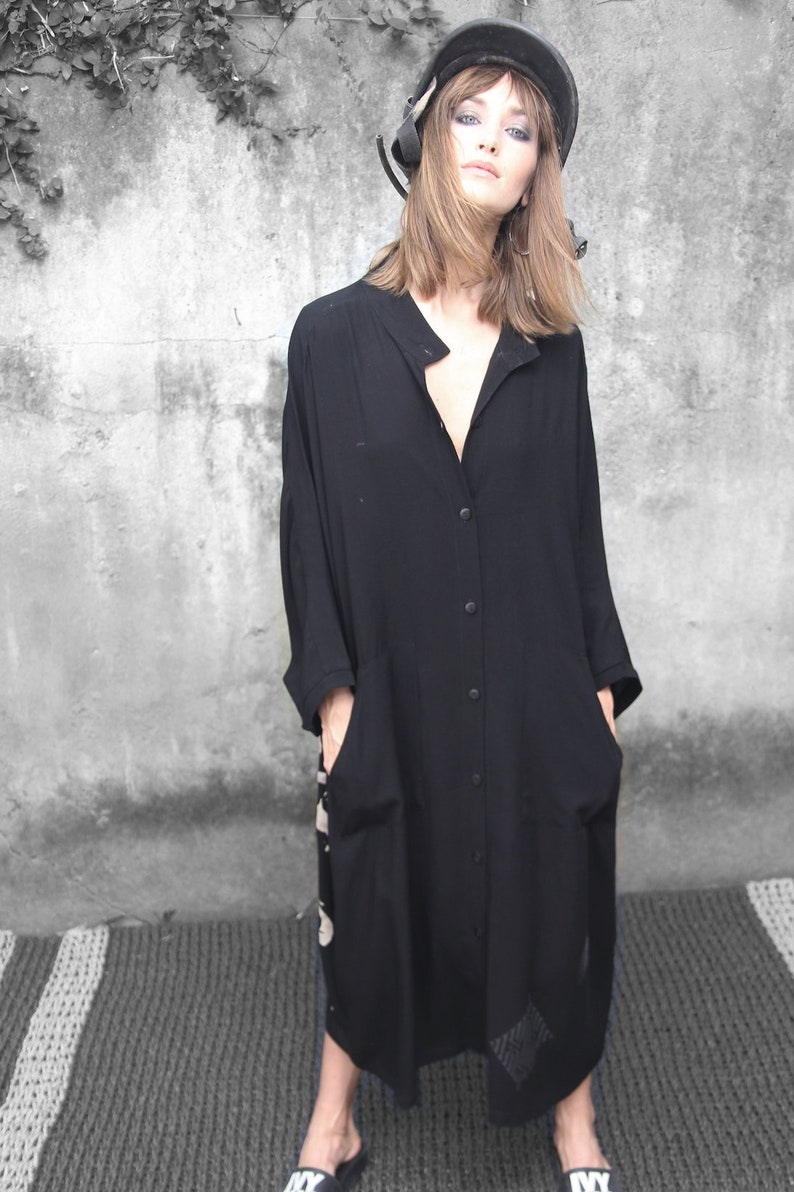 Black Kaftan Dress, Long Sleeve Oversized Dress With Pockets, Button Down Dress, Bohemian Dress, Boho Dress, Urban Trendy Womens Clothing image 2