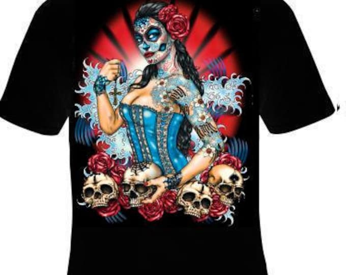 pinup skeletons skulls with roses  tee shirt t-shirt cool pin up girl gothic goth girl