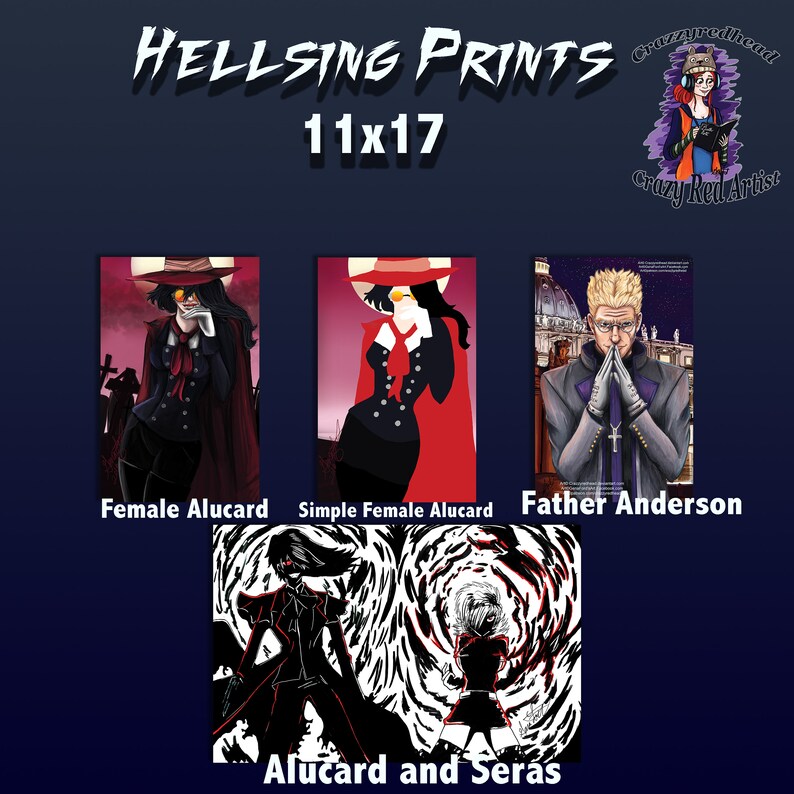 Op de afbeelding: Vier verschillende prints van personages uit de anime Hellsing. De prints tonen Alucard, Seras Victoria, Father Anderson en een vrouwelijke versie van Alucard. De prints zijn allemaal 28x43 cm.