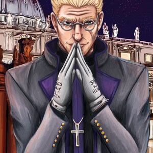 Op de afbeelding: Een man met blond haar en een baard draagt een grijs colbert met een paars en zwart vest. Hij draagt witte handschoenen met de woorden "Sins" en "With" erop geschreven. Hij staat voor een gebouw met een koepel en een nachtelijke sterrenhemel. Hij houdt zijn handen in een gebedshouding bij elkaar.