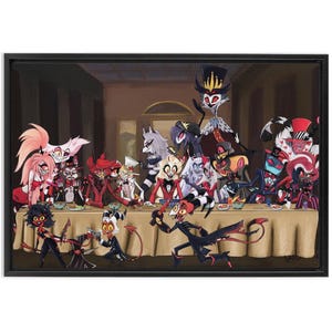 以下が含まれることがあります： フレーム付きキャンバスプリント。漫画風の最後の晩餐のパロディ。様々な衣装とポーズの悪魔たちがテーブルを囲んでいます。赤、黒、白を基調としたアートワークです。