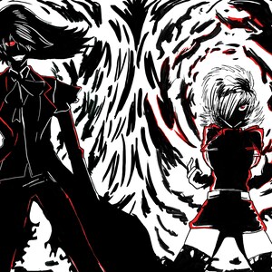 Op de afbeelding: Zwart-witte illustratie van twee figuren met rode accenten. De figuren staan voor draaiende zwart-witte patronen. De figuur links draagt een pak en heeft rode ogen. De figuur rechts draagt een kort rokje en een rode strik.