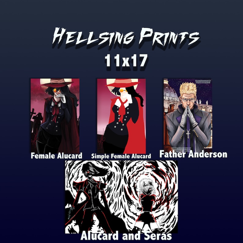 Op de afbeelding: Vier verschillende prints van 28x43 cm met personages uit de anime Hellsing. De prints tonen Alucard, Seras Victoria, Father Anderson en een vrouwelijke versie van Alucard. De prints zijn allemaal in zwart-wit stijl.