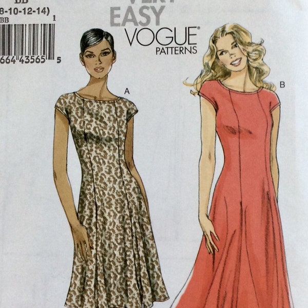 Vogue Pattern 8665 Fit and Flare Princess Seam Dress w/Bateau Neckline & Cap Sleeves - Opt. Midi Length Size 8-14 UNCUT