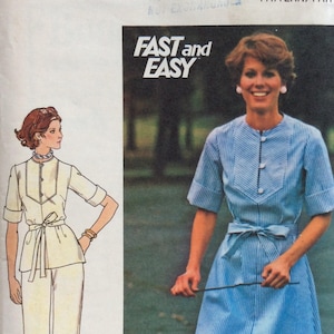 May include: Vintage Butterick sewing pattern, size 12, featuring a blue and white striped dress with a matching belt. The pattern also includes an illustration of a white pantsuit. The text "FAST and EASY" is visible.