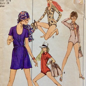 May include: A vintage sewing pattern for a body-suit with four different views. The pattern is for sizes 10-14 and includes instructions for making a mini-length dress, a long-sleeved body-suit, and a short-sleeved body-suit. The pattern is from Simplicity and is number 8880.