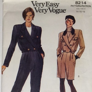 以下が含まれることがあります： 2つの異なるスタイルのジャンプスーツの縫製パターン。パターンはサイズ14-16-18用です。パターンは「Very Easy Very Vogue」と呼ばれ、パターン番号は8214です。