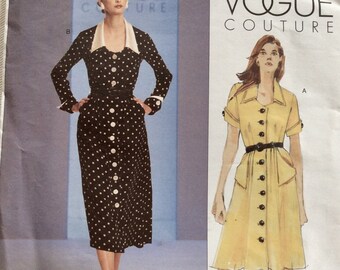 Vogue Couture Pattern 2743 Button Front Shirtwaist Dress Semi-fitted Bodice, Tucks, Blouson Back, A-line Skirt, Flap Pockets & Cuff Sleeves