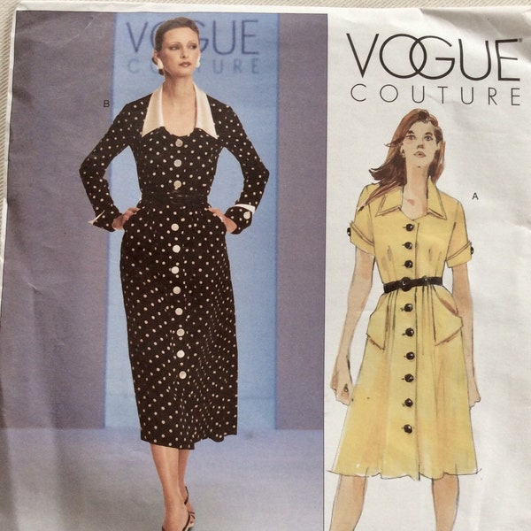 Vogue Couture Pattern 2743 Button Front Shirtwaist Dress Semi-fitted Bodice, Tucks, Blouson Back, A-line Skirt, Flap Pockets & Cuff Sleeves