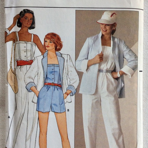 80s Butterick Pattern 6460 Reversible Summer Blazer, Tapered Pant Jumpsuit or Shorts/Romper - Blouson Bodice & Square Neckline Size 14 or 16