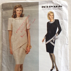 Vogue Pattern 1154 Albert Nipon 90s Tapered Evening Dress w/Asymmetrical Self or Contrast Bands, Opt. Bow & Extended Shoulders Size 12-14-16