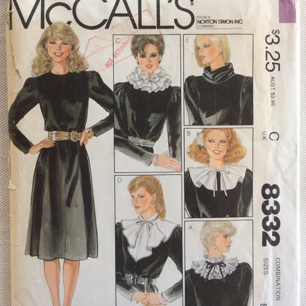 McCall’s Pattern 8332 Circle Neck Pullover Dress w/Tapered Sleeves & Lace, Pilgrim, Double Ruffle, Standing Bib or Cowl Detachable Collars