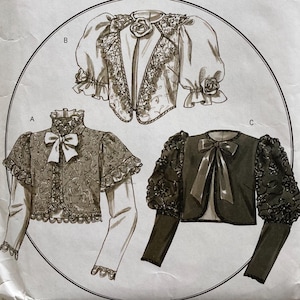 Może przedstawiać: Wzór krawiecki Butterick, B4952, przedstawiający trzy historyczne projekty kurtek. Wzór zawiera ilustracje kurtek z różnymi stylami rękawów, kokardami i koronkowymi detalami. Zaprojektowany przez Rachel Wallis, zawiera rozmiar EE (14-16-18-20).