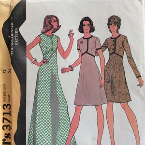 McCall&#39;s Pattern 3713 - 1970&#39;s Empire/Raised Waist Maxi Dress or Short Length Dress w/Braid Trim - Sleeveless, Short or Long Sleeve Size 12