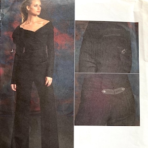 May include: A black jumpsuit sewing pattern by Donna Karan. The pattern features a long-sleeved top with an off-the-shoulder design and wide-leg pants. The pattern includes close-up details of the pants pockets. The Vogue American Designer collection is featured.
